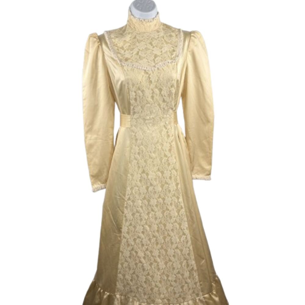 Vintage Cream Satin Lace Prairie Maxi Dress High Neck Long Sleeve Victorian -S/M - Picture 3 of 5